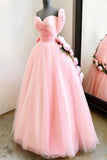 Charming Ball Gown Sweetheart Long Prom Dresses, Pink Sweet 16 Dress With Handmade Flowers STI15094