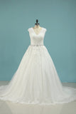 2024 V Neck A Line Beaded Waistline Wedding Dresses Lace P1BRHZ1F