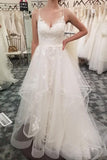Spaghetti Straps V-Neck Ivory Lace Long Wedding Dresses Dresses P7158KFX