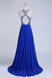 2024 Halter A-Line/Princess Dark Royal Blue Prom Dresses Tulle And Chiffon Sweep P348MBJB