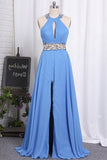 2024 Halter Open Back Prom Dresses A Line Chiffon With Beads P58HQQ94