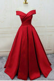 2024 Off The Shoulder Prom Dresses Satin Red Sweep Train Lace PSHTJGFC