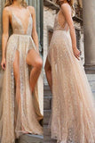 Sexy Lace Spaghetti Straps Backless V Neck Long Prom Dress with High Split STI15335