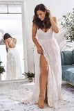 Elegant A Line V Neck Lace Ivory Beach Wedding Dresses with Slit, Bridal Gowns STI15579