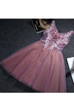 2024 Homecoming Dresses A Line V Neck Tulle With Applique And PG73TM7M
