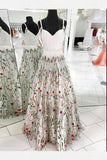 A-Line Spaghetti Straps White Appliqued Cheap Prom Dresses, V Neck Long Evening Dresses STI15052