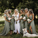 Simple V Neck Green A line Bridesmaid Dresses, Cheap Wedding Party Dresses STI15599