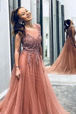 A Line Beaded Long Rosy Brown Tulle Prom Dresses, Round Neck Evening Dresses STI14991