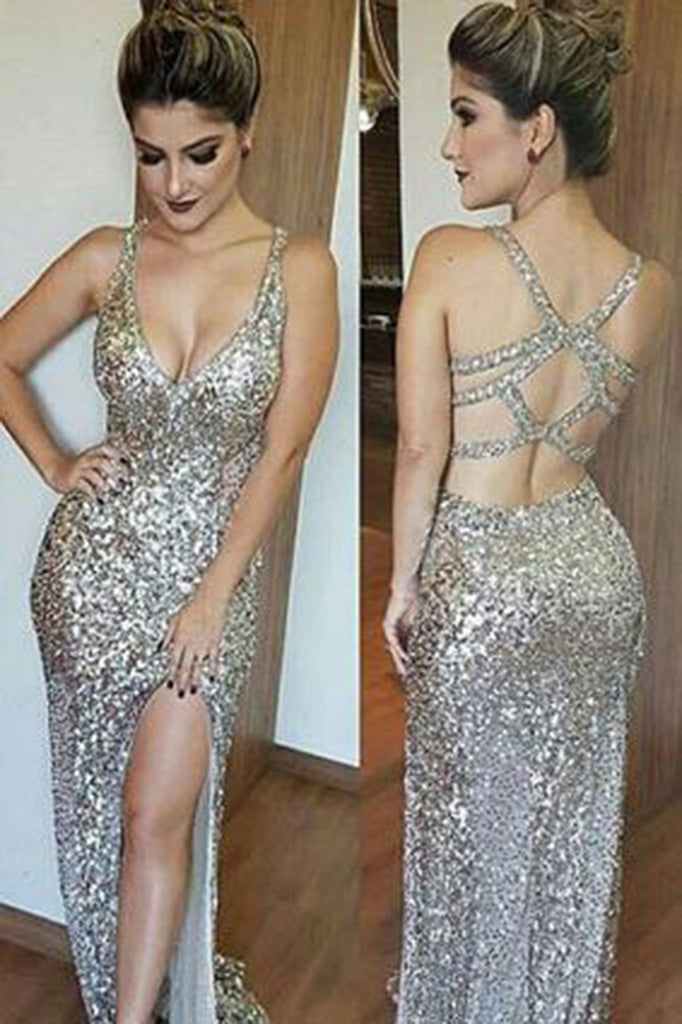Luxurious Mermaid Long with Side Slit Sexy Backless Sequin V-Neck Sleeveless Prom Dresses