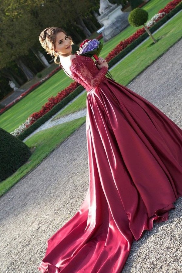 2022 A Line Scoop Prom Dresses Long Sleeves Satin With Applique P8NPLHY4