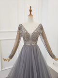 A Line Long Sleeves V Neck Gray Tulle Prom Dresses with Beading, Evening Dress STI15549