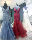 Elegant Mermaid V Neck Straps Tulle Long Prom Dresses Cheap Evening Dresses STI14975