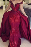 Mermaid Off the Shoulder Burgundy Long Sleeves V Neck Prom Dresses with Detachable Train STI15263