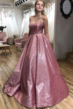 Unique A line Pink Sequins Spaghetti Straps Prom Dresses, Evening STI20450