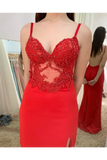 Illusion SweetHeart Neck Backless Spaghetti Red Prom Dresses With Sweep STIP7GFQPJ3