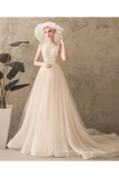 Ivory Jewel Sleeveless Tulle Wedding Dress With Lace A Line Pleats Open Back Bridal STIPXNMNP57