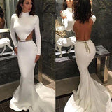White High Neck Mermaid Long Sleeve Hollow Waist Backless Saudi Arabia Prom Dresses