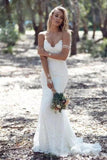 Sexy Spaghetti Straps Mermaid Lace Ivory Wedding Dresses, V Neck Beach Wedding Gowns STI15359