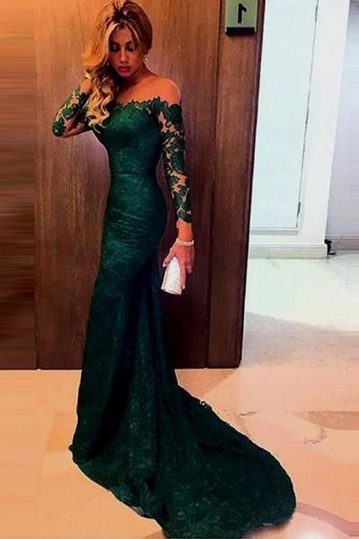 Charming Off-the-shoulder Dark Green Mermaid Lace Prom Dress with Long