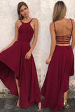 Unique A Line Burgundy High Low Sleeveless Backless Prom Dresses, Cheap Evening Dresses STI15450
