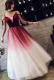 A Line Spaghetti Straps Ombre Long Tulle Prom Dresses, Burgundy V Neck Evening Dress STI15029
