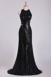 2024 Column Prom Dresses Scoop Floor Length Sequined Bodice Open P376L6C8