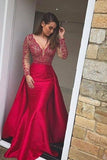 2024 Red Prom Dress Satin V Neck With Pearled Bodice PL432S62