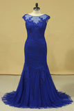 2024 Plus Size Mermaid Open Back Evening Dresses Bateau Tulle With Applique Dark Royal PCB8EF7D