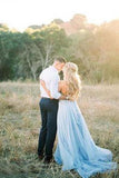 Thigh Split Sky Blue Rustic Beach Wedding Gown With Court Train Evening PDBYT67A