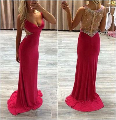 See Through Sexy Red Long Cheap V-Neck Beads Sleeveless Mermaid Prom Dresses
