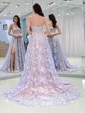 Charming Sweetheart Strapless Lace Appliques Lilac Prom Dresses with STI15632