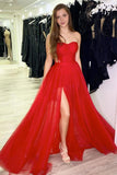 Simple Red Sleeveless A Line Sweetheart Tulle Prom Dresses