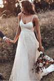 Rustic A Line Lace Backless Spaghetti Straps Wedding Dresses, V Neck Bridal Dress STI15591