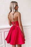 Simple Red Satin Sweetheart Strapless Homecoming Dresses Above Knee Short Prom Dresses STI14982