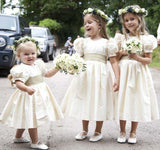 Vintage Juliet Sleeves Tea Length Round Neck Satin Flower Girl Dresses, Little Dresses STI15606