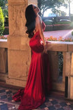 Chic Red Spaghetti Straps Mermaid V Neck Prom Dresses with Appliques, Formal Dresses STI15571