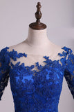 2024 Hot Bateau Dark Royal Blue Mother Of The Bride Dresses 3/4 Length Sleeve With Applique P3F4ASXD