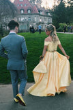 Elegant Two Pieces Yellow Off the Shoulder Prom Dresses Satin Appliques Party Dresses STI15210