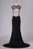 2024 Spandex Scoop With Beads And Slit Open Back Sheath Prom Dresses PH43GJMH
