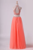 2024 Two-Piece Halter A Line Prom Dresses Beaded Bodice Tulle PBZ54TY4