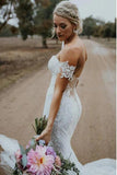 Charming Ivory V Neck Mermaid Strapless Lace Appliques Wedding Dresses, Bridal Dresses STI15506