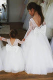 Ball Gown Lace Long Sleeves Flower Girl Dress With Bowknot Back, Round Neck Baby Dresses STI15058