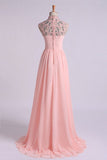 2024 High Neck Prom Dresses A-Line Chiffon With Beads And PEJ2J8YJ