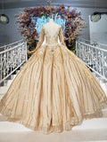 Long Sleeve Ball Gown Beads Lace Appliques Prom Dresses Sequins Quinceanera Dresses STI15241