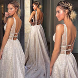 Sparkly Boho Beach Wedding Dresses A Line Sweep Train V Neck Bridal Gowns