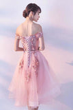 Pink Lace Tulle Short Prom Dress Off-the-Shoulder Appliques Lace up Homecoming Dresses STIPST13190