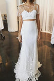 Elegant Two Pieces Lace Mermaid Short Sleeves Tulle Wedding Dresses STI15581
