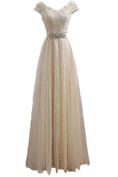 V Neck Cap Sleeve Lace Party Prom Dresses