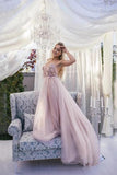 Elegant A Line Spaghetti Straps V Neck Prom Dress With Handmade Flowers, Bridesmaid Dress STI15577