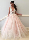 Charming Ball Gown V Neck Tulle Lace Appliques Prom Dresses, Evening STI15625